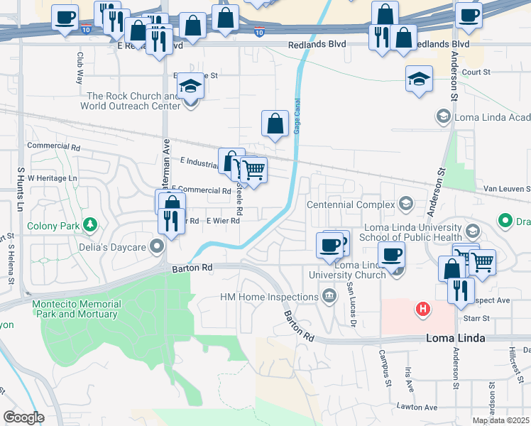 map of restaurants, bars, coffee shops, grocery stores, and more near 540 Wier Road in San Bernardino