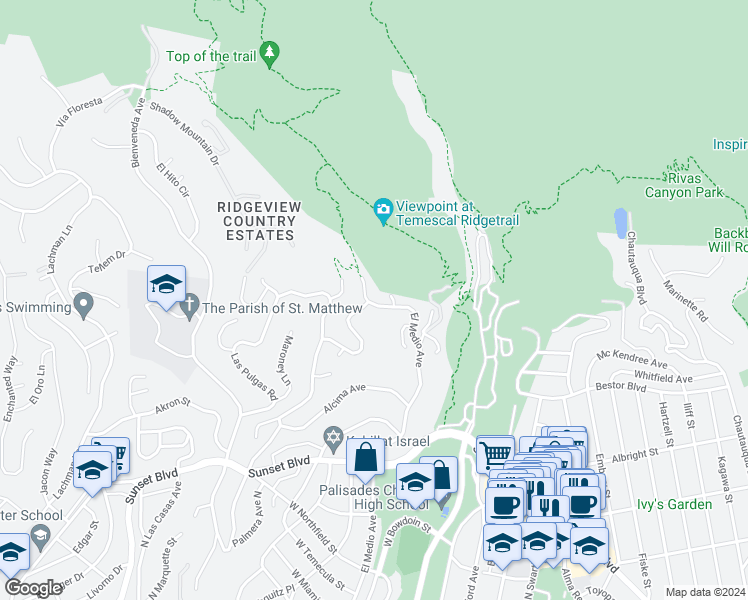 map of restaurants, bars, coffee shops, grocery stores, and more near 1170 El Medio Avenue in Los Angeles