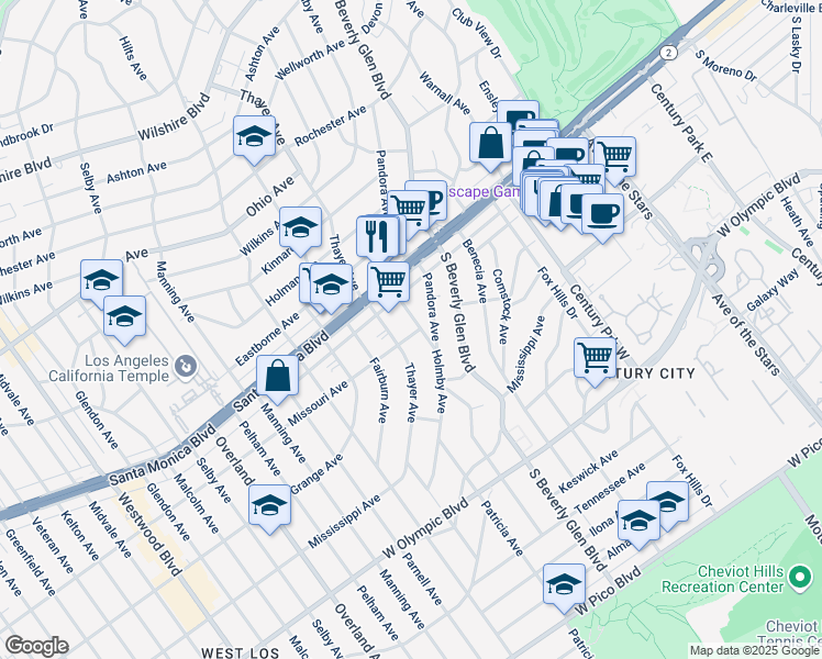 map of restaurants, bars, coffee shops, grocery stores, and more near 1851 Holmby Avenue in Los Angeles