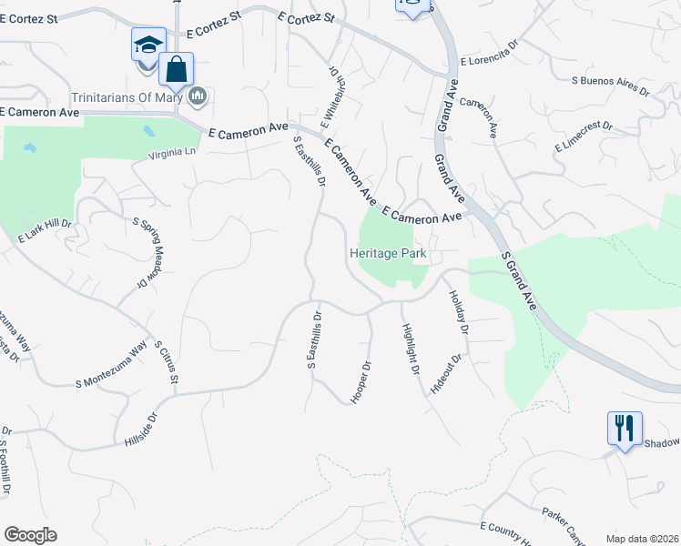 map of restaurants, bars, coffee shops, grocery stores, and more near 940 Heritage Drive in West Covina