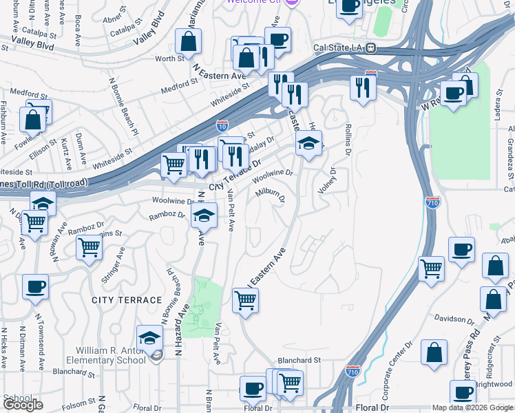 map of restaurants, bars, coffee shops, grocery stores, and more near 1320 Cordon Drive in Los Angeles