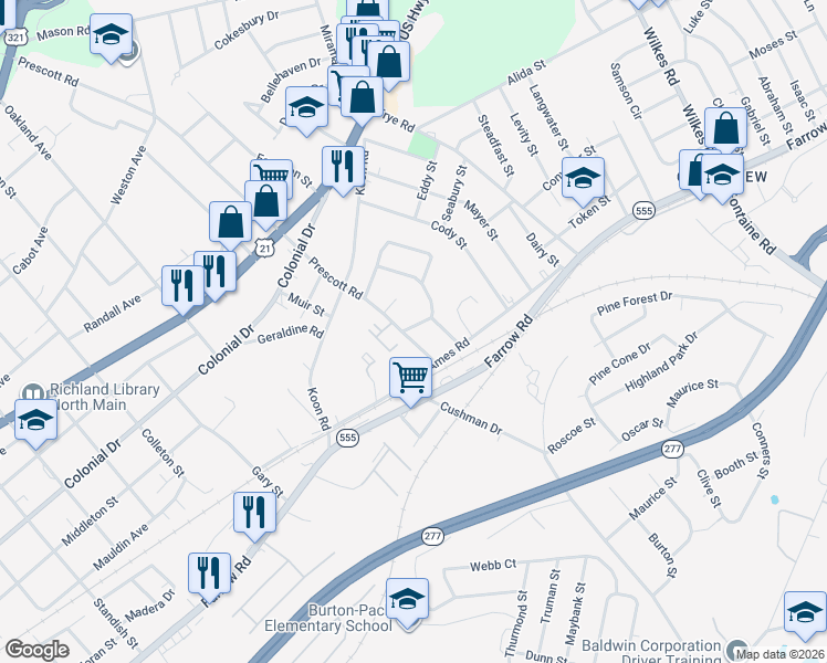 map of restaurants, bars, coffee shops, grocery stores, and more near 1700 Prescott Road in Columbia