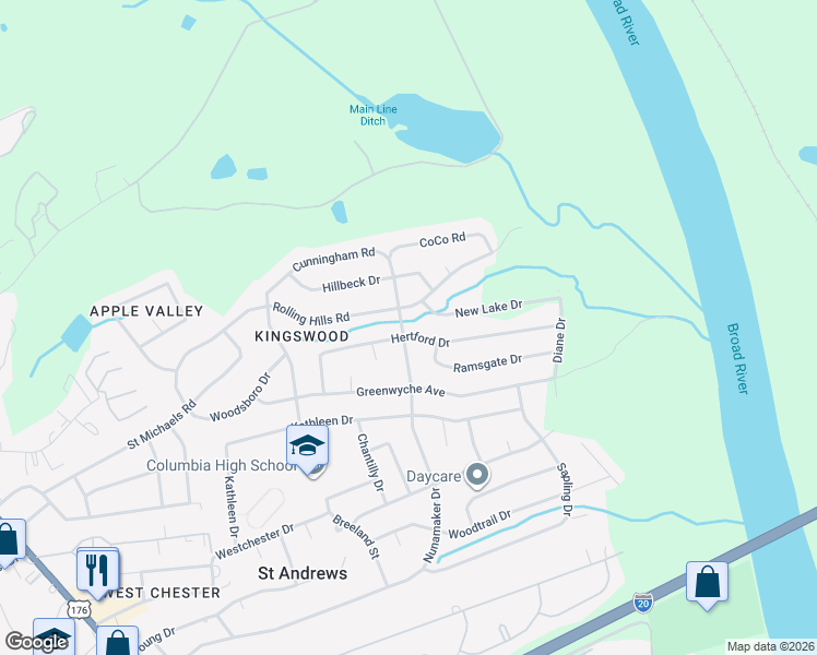map of restaurants, bars, coffee shops, grocery stores, and more near 2237 Hertford Drive in Columbia