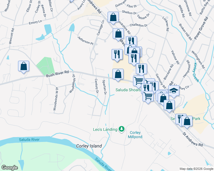 map of restaurants, bars, coffee shops, grocery stores, and more near 5125 Bush River Road in Columbia
