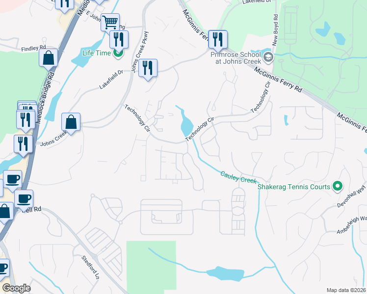 map of restaurants, bars, coffee shops, grocery stores, and more near 6010 Brookhaven Circle in Johns Creek