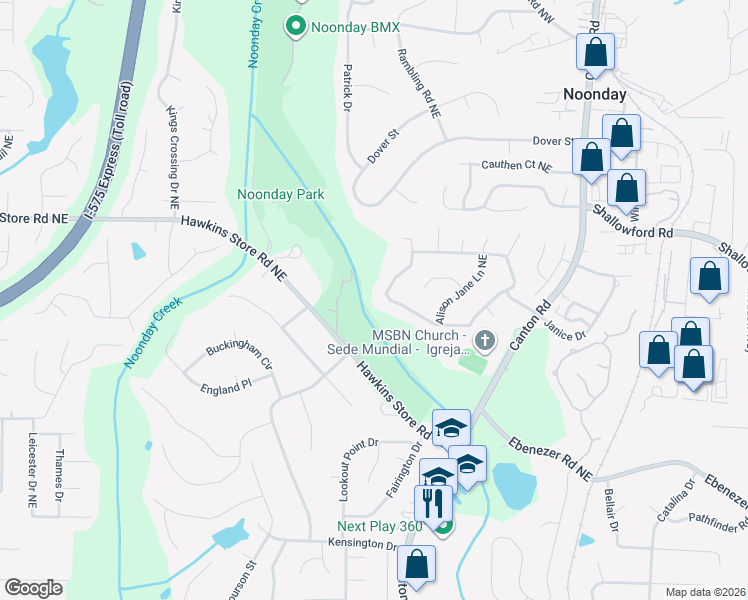 map of restaurants, bars, coffee shops, grocery stores, and more near 4296 Alison Jane Drive Northeast in Kennesaw