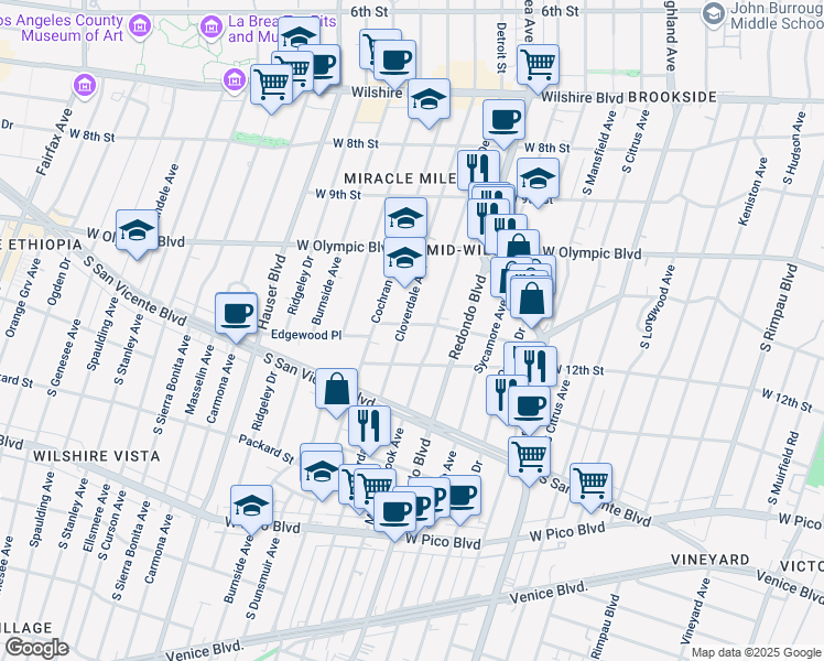 map of restaurants, bars, coffee shops, grocery stores, and more near 1104 South Cloverdale Avenue in Los Angeles