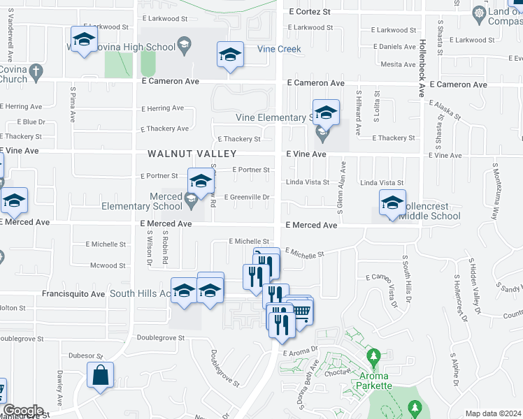 map of restaurants, bars, coffee shops, grocery stores, and more near 1143 South Fleetwell Avenue in West Covina
