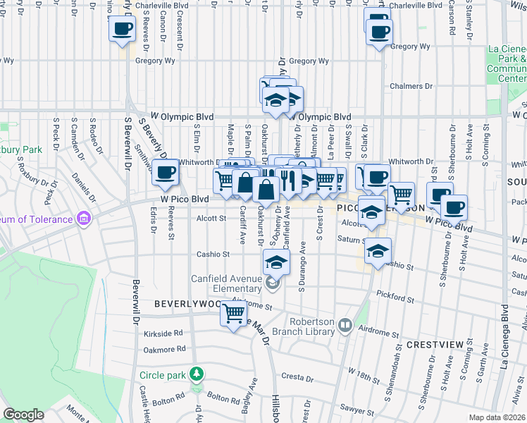 map of restaurants, bars, coffee shops, grocery stores, and more near 1420 South Oakhurst Drive in Los Angeles