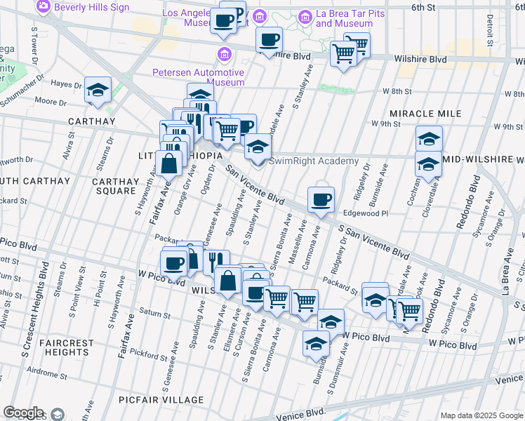 map of restaurants, bars, coffee shops, grocery stores, and more near 1124 South Stanley Avenue in Los Angeles