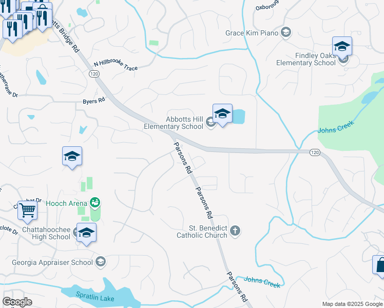 map of restaurants, bars, coffee shops, grocery stores, and more near 11305 Knollwood Bend in Johns Creek