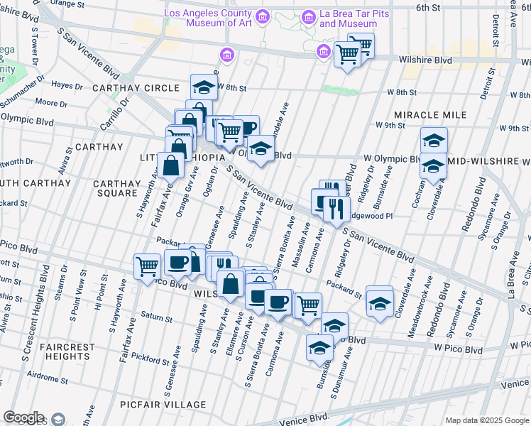 map of restaurants, bars, coffee shops, grocery stores, and more near 1124 South Stanley Avenue in Los Angeles