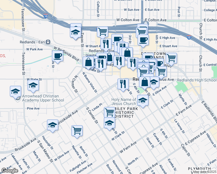 map of restaurants, bars, coffee shops, grocery stores, and more near 1 Kendall Street in Redlands