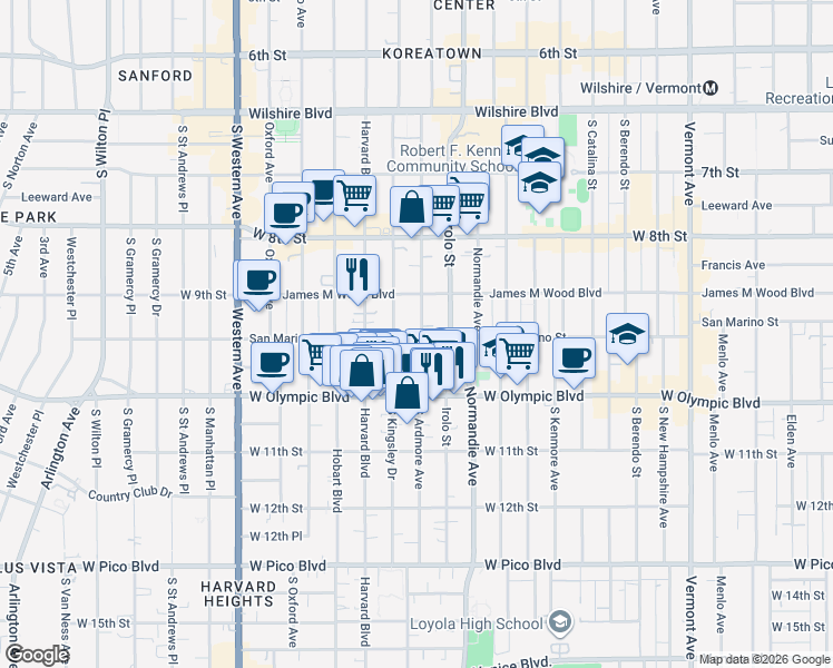 map of restaurants, bars, coffee shops, grocery stores, and more near 3279 San Marino Street in Los Angeles
