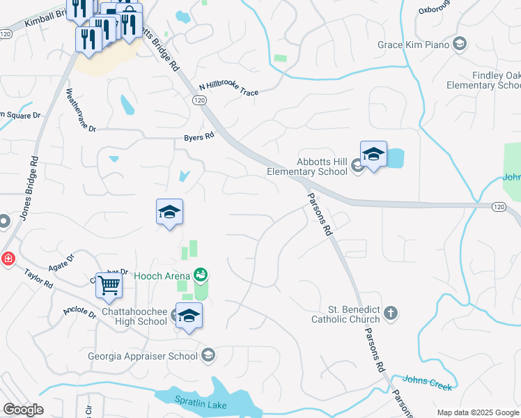 map of restaurants, bars, coffee shops, grocery stores, and more near 11155 Highfield Chase Drive in Duluth