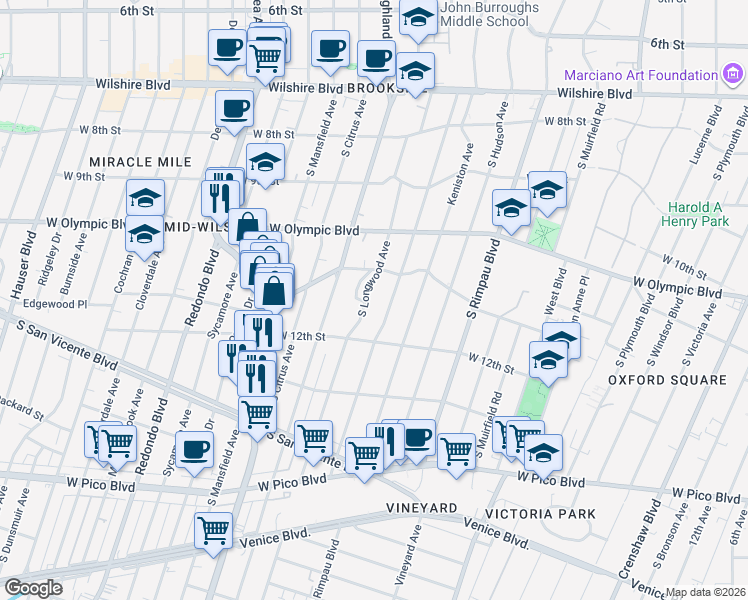 map of restaurants, bars, coffee shops, grocery stores, and more near 1145 Longwood Place in Los Angeles