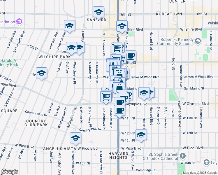 map of restaurants, bars, coffee shops, grocery stores, and more near 3571 San Marino Street in Los Angeles