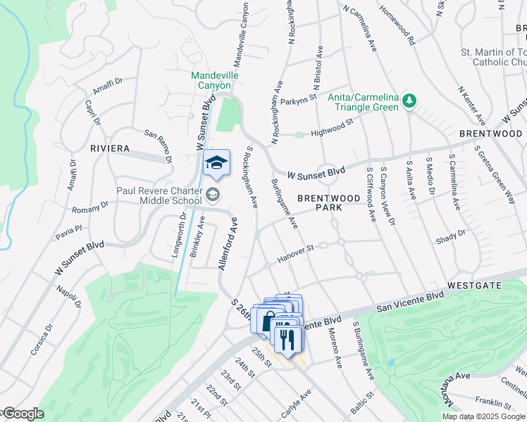 map of restaurants, bars, coffee shops, grocery stores, and more near 184 South Rockingham Avenue in Los Angeles