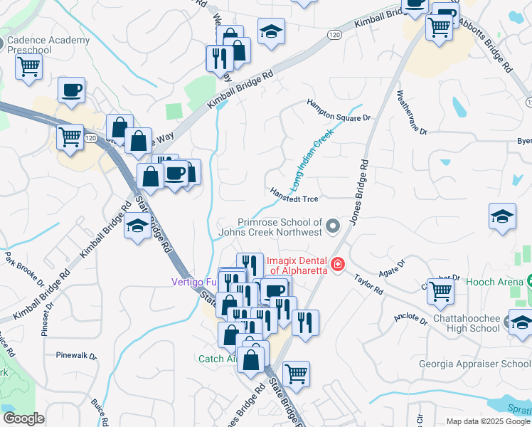 map of restaurants, bars, coffee shops, grocery stores, and more near 11250 Bramshill Drive in Alpharetta