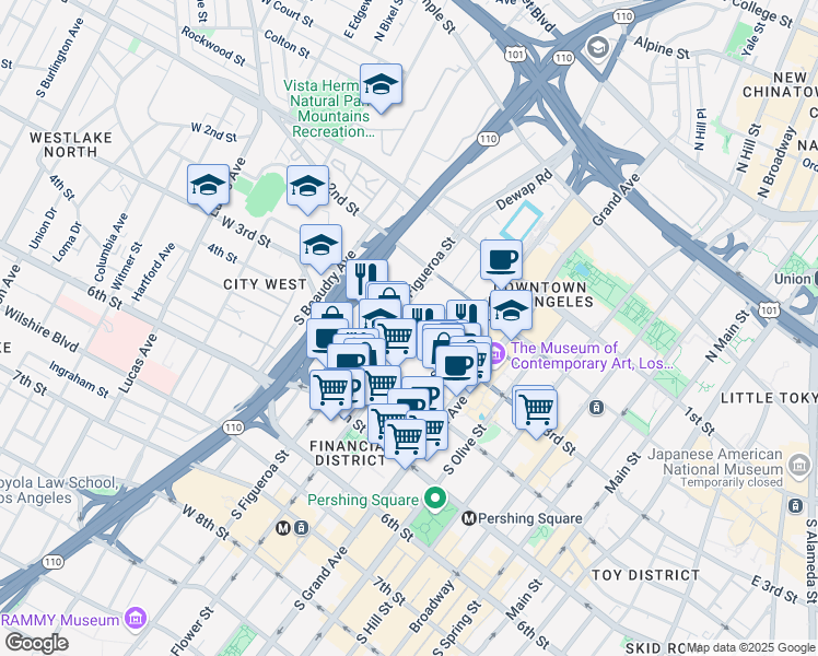 map of restaurants, bars, coffee shops, grocery stores, and more near 844 West 3rd Street in Los Angeles