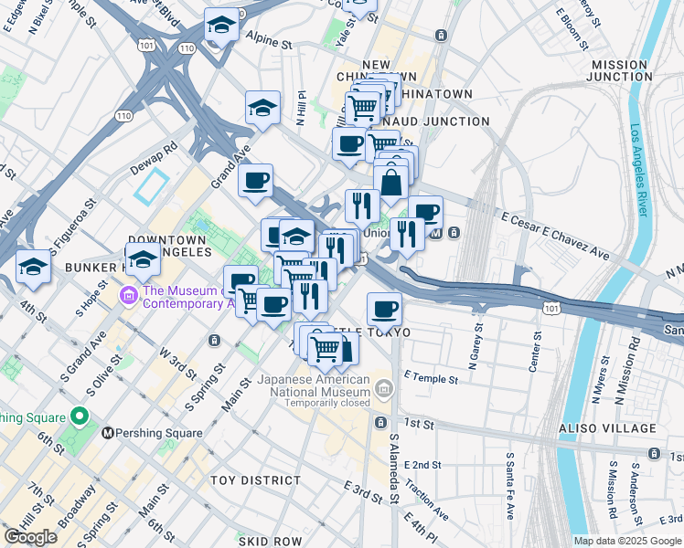 map of restaurants, bars, coffee shops, grocery stores, and more near 300 North Main Street in Los Angeles
