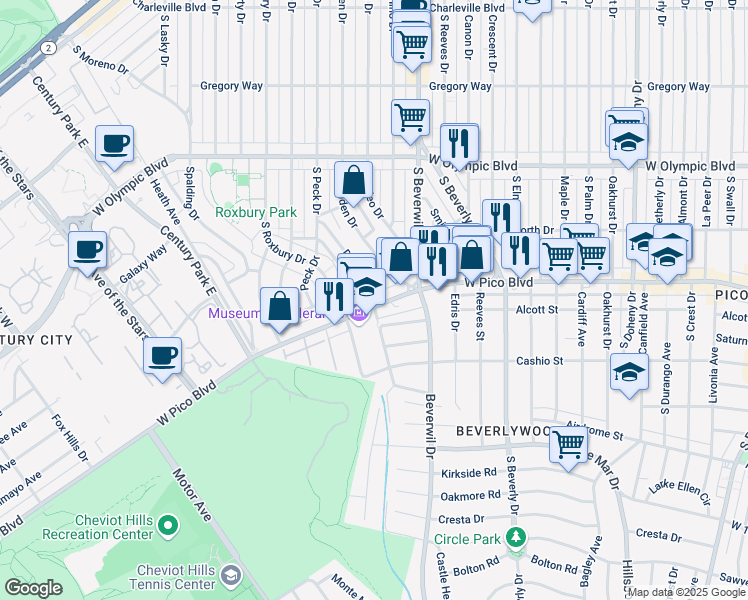 map of restaurants, bars, coffee shops, grocery stores, and more near 9751 West Pico Boulevard in Los Angeles