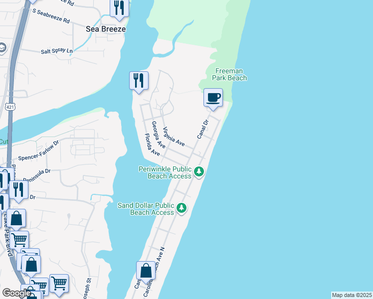 map of restaurants, bars, coffee shops, grocery stores, and more near 105 Virginia Avenue in Carolina Beach