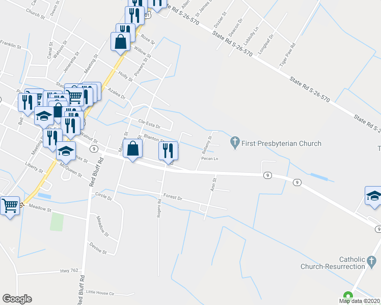 map of restaurants, bars, coffee shops, grocery stores, and more near 5153 Walnut Street in Loris