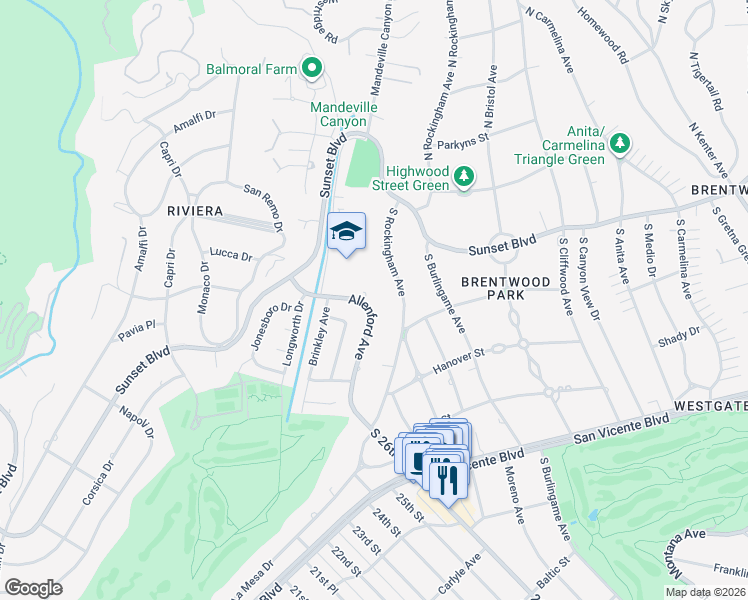 map of restaurants, bars, coffee shops, grocery stores, and more near 1436 Allenford Avenue in Los Angeles