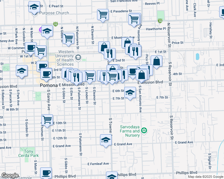 map of restaurants, bars, coffee shops, grocery stores, and more near 815 East 6th Street in Pomona