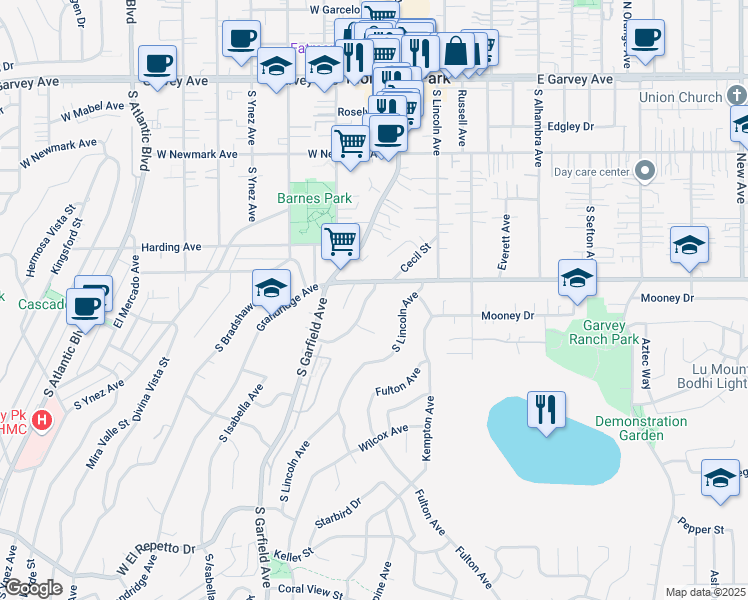 map of restaurants, bars, coffee shops, grocery stores, and more near 628 Cecil Street in Monterey Park