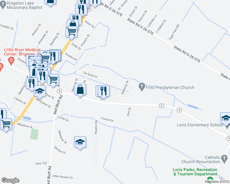map of restaurants, bars, coffee shops, grocery stores, and more near 5159 Walnut Street in Loris