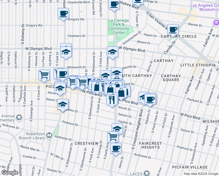 map of restaurants, bars, coffee shops, grocery stores, and more near 1240 South Corning Street in Los Angeles