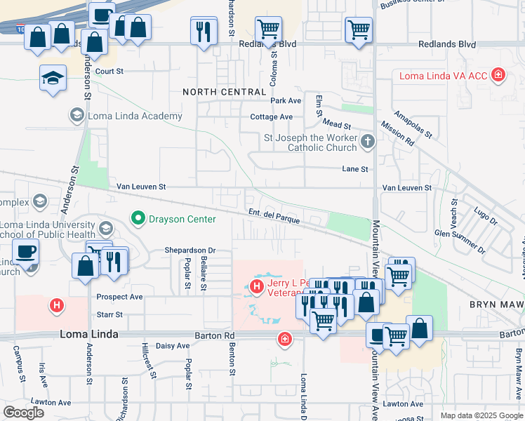 map of restaurants, bars, coffee shops, grocery stores, and more near 25368 Durango Loop in Loma Linda