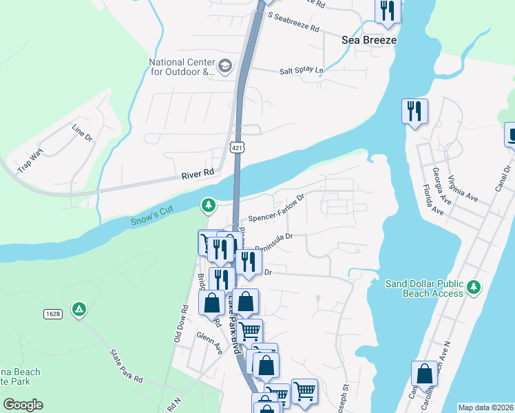 map of restaurants, bars, coffee shops, grocery stores, and more near 518 Spencer-Farlow Drive in Carolina Beach