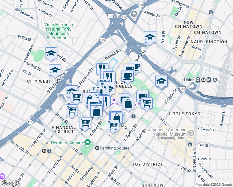 map of restaurants, bars, coffee shops, grocery stores, and more near 151 South Olive Street in Los Angeles