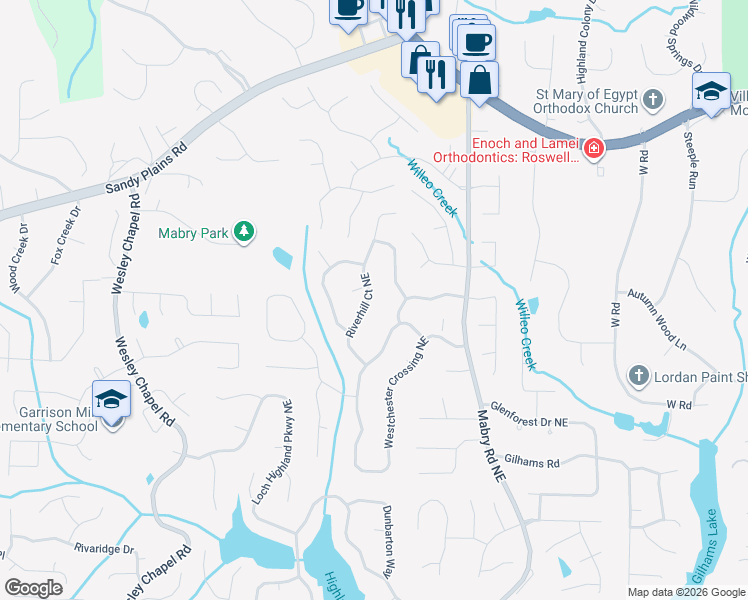 map of restaurants, bars, coffee shops, grocery stores, and more near 4168 Riverhill Court Northeast in Roswell