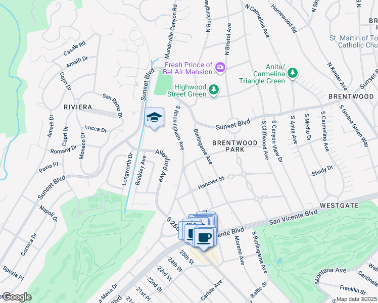 map of restaurants, bars, coffee shops, grocery stores, and more near 184 South Rockingham Avenue in Los Angeles