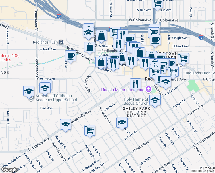 map of restaurants, bars, coffee shops, grocery stores, and more near 24 North Buena Vista Street in Redlands