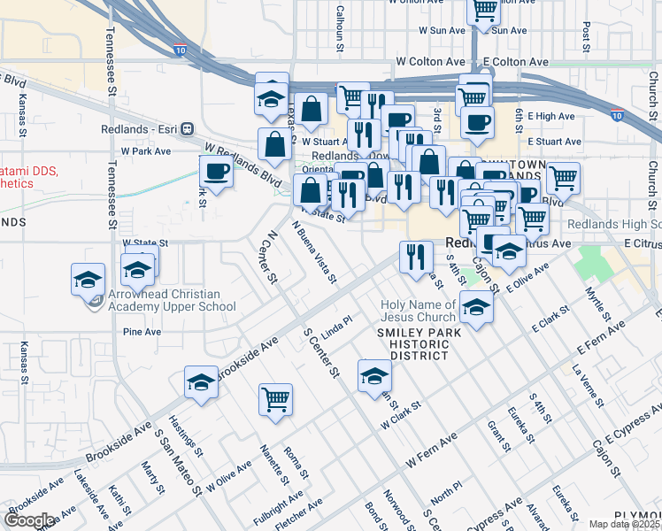 map of restaurants, bars, coffee shops, grocery stores, and more near 24 North Buena Vista Street in Redlands