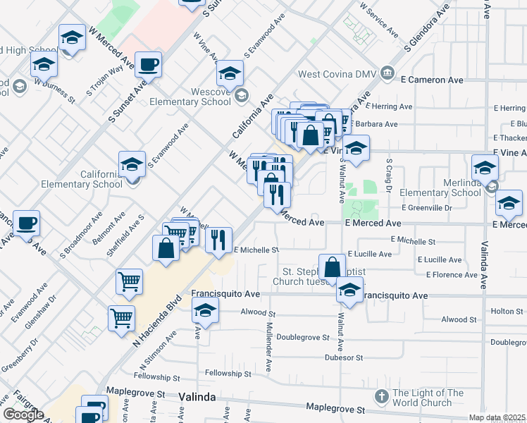 map of restaurants, bars, coffee shops, grocery stores, and more near 1222 South Glendora Avenue in West Covina
