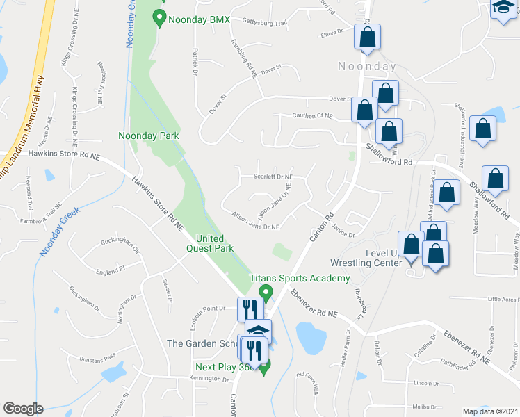 map of restaurants, bars, coffee shops, grocery stores, and more near 1455 Alison Jane Lane Northeast in Kennesaw