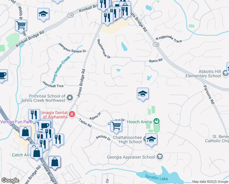 map of restaurants, bars, coffee shops, grocery stores, and more near 200 Pine Bridge Trail in Alpharetta