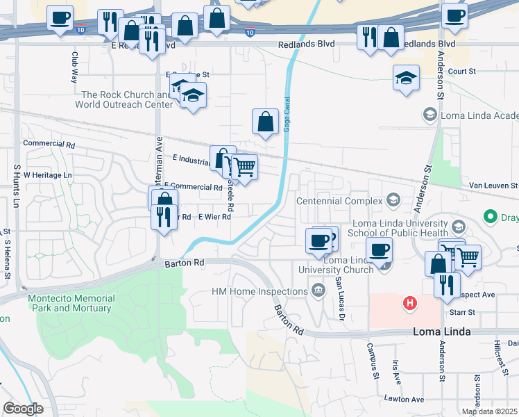 map of restaurants, bars, coffee shops, grocery stores, and more near 540 Wier Road in San Bernardino