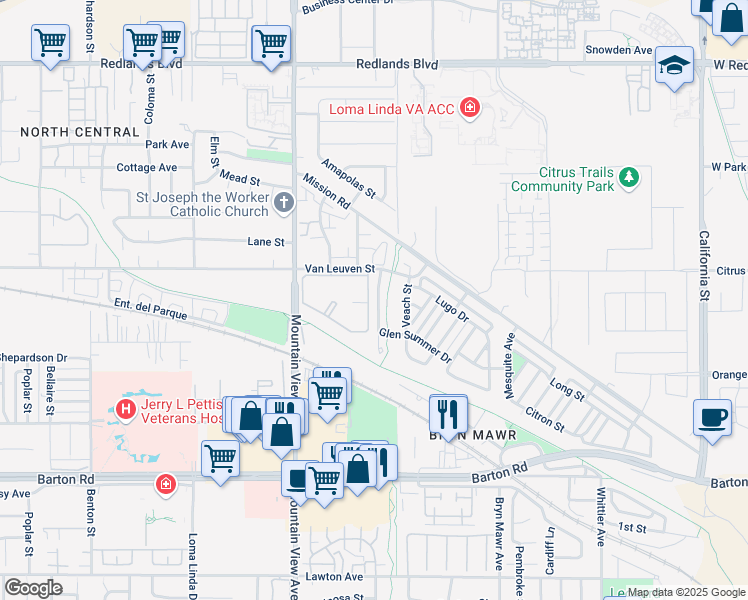 map of restaurants, bars, coffee shops, grocery stores, and more near 10962 Ragsdale Road in Loma Linda