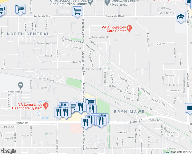 map of restaurants, bars, coffee shops, grocery stores, and more near 25701 Van Leuven Street in Loma Linda