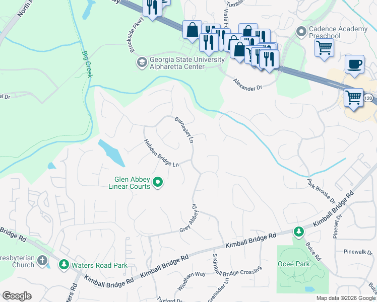 map of restaurants, bars, coffee shops, grocery stores, and more near 460 Barnesley Lane in Alpharetta