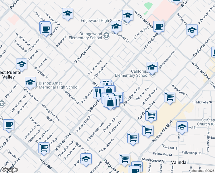 map of restaurants, bars, coffee shops, grocery stores, and more near 1644 South Cabana Avenue in West Covina