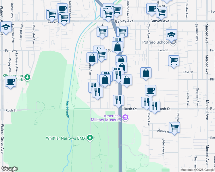 map of restaurants, bars, coffee shops, grocery stores, and more near 2307 Troy Avenue in South El Monte