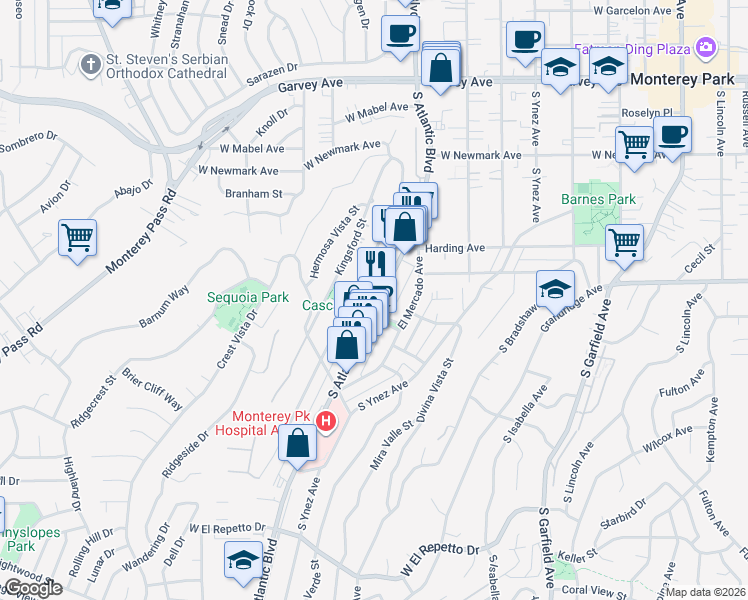 map of restaurants, bars, coffee shops, grocery stores, and more near 620 South Atlantic Boulevard in Monterey Park